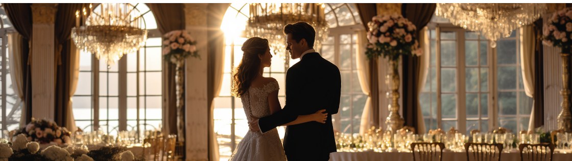 Couple embracing at an elegant wedding venue ballroom