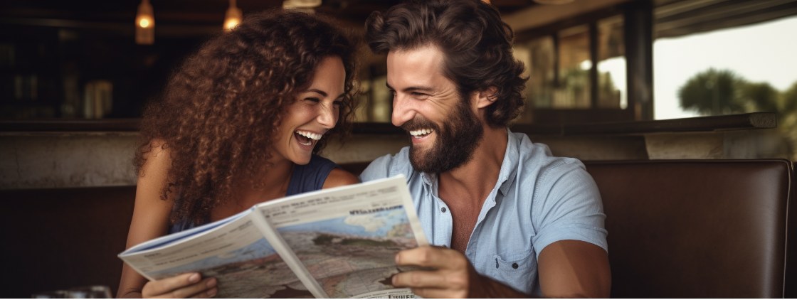 Newlywed couple laughing while reading a travel guide